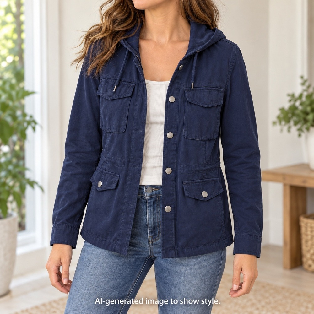 Sanctuary Lightweight Linen Blend Hooded Jacket Women Small Snap Button Navy